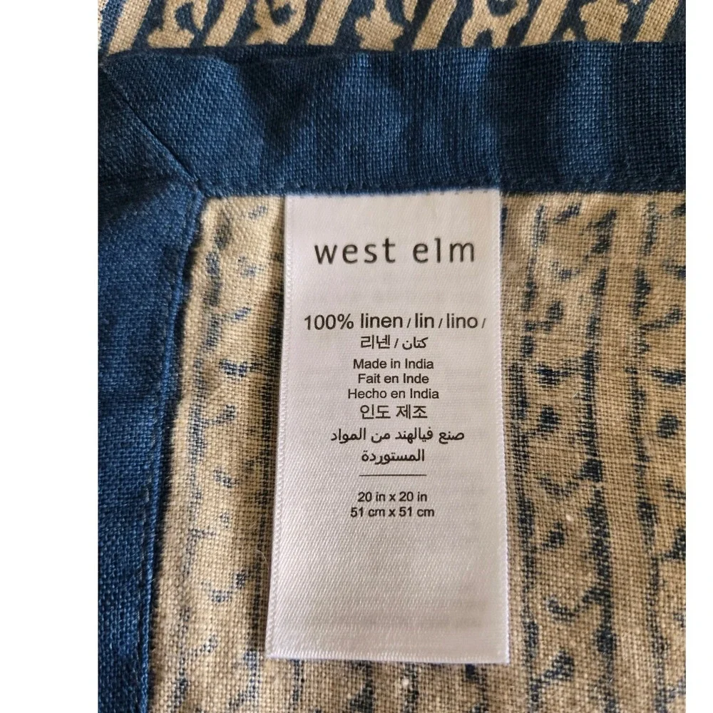 West Elm Marlowe Blue Beige Floral Striped 100% Linen Napkins Set of 2 20x20